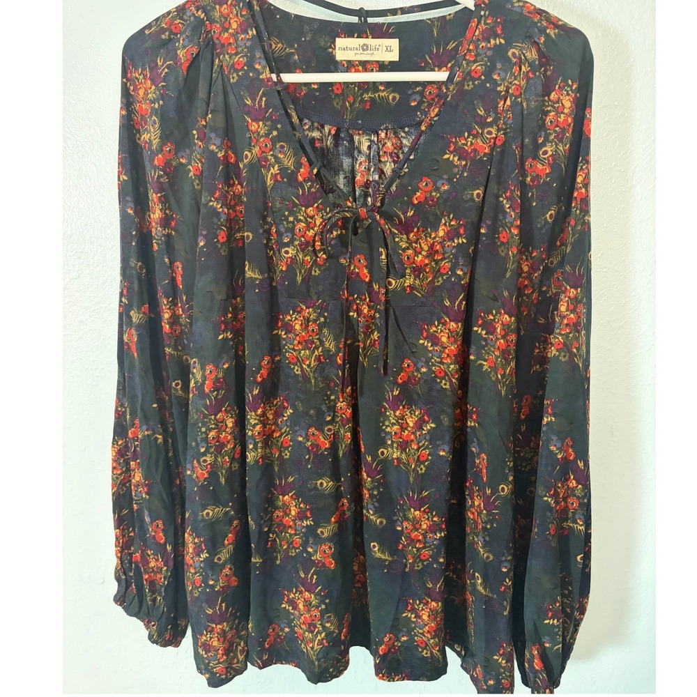 Natural Life Women XL Floral Peacock Peasant Blouse Long Sleeve Boho Tie Neck